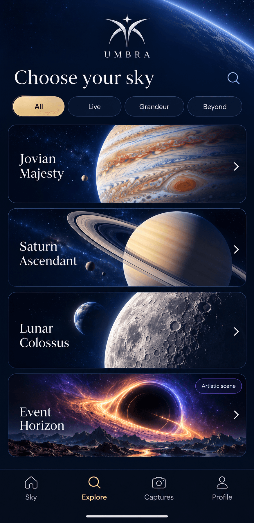 Umbra app screen: explore