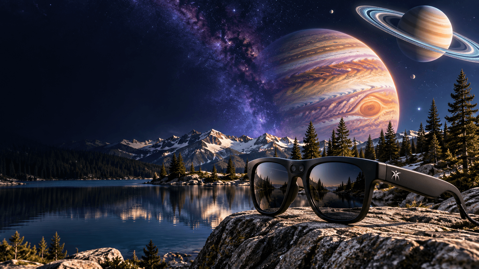 Concept view of Jupiter and Saturn above a sunlit mountain lake, seen through Umbra eyewear